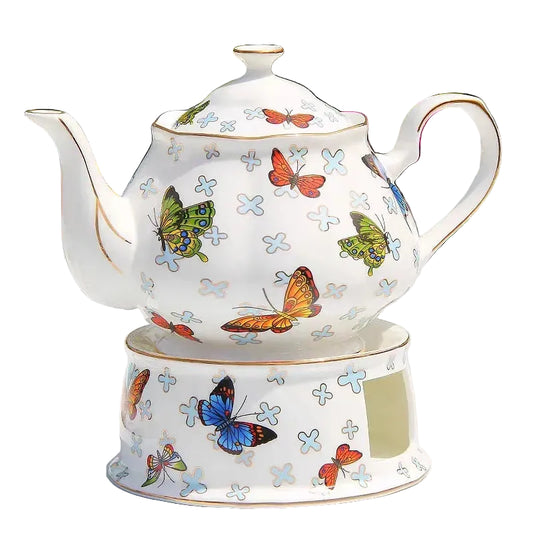  (Teapot 850ml):

"White bone china teapot with butterfly botanical print and gold trim, 850ml — CL House Tea Time"