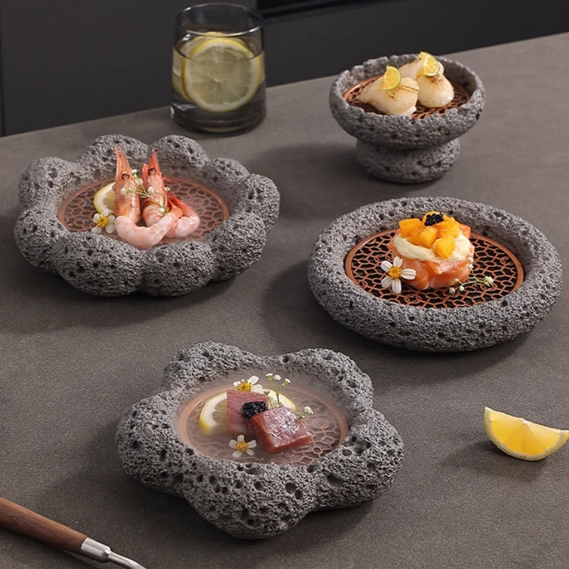 clHouse & Home
Black volcanic stone plate UK

Creative sushi serving tray

Unique honeycomb coal plate

Dry ice food presentation

Industrial style tableware

Artisan cold plate for sushi

Modern black dinnerware

Designer gift for chefs