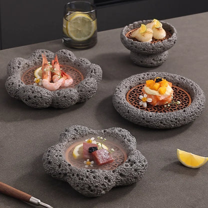 clHouse & Home
Black volcanic stone plate UK

Creative sushi serving tray

Unique honeycomb coal plate

Dry ice food presentation

Industrial style tableware

Artisan cold plate for sushi

Modern black dinnerware

Designer gift for chefs
