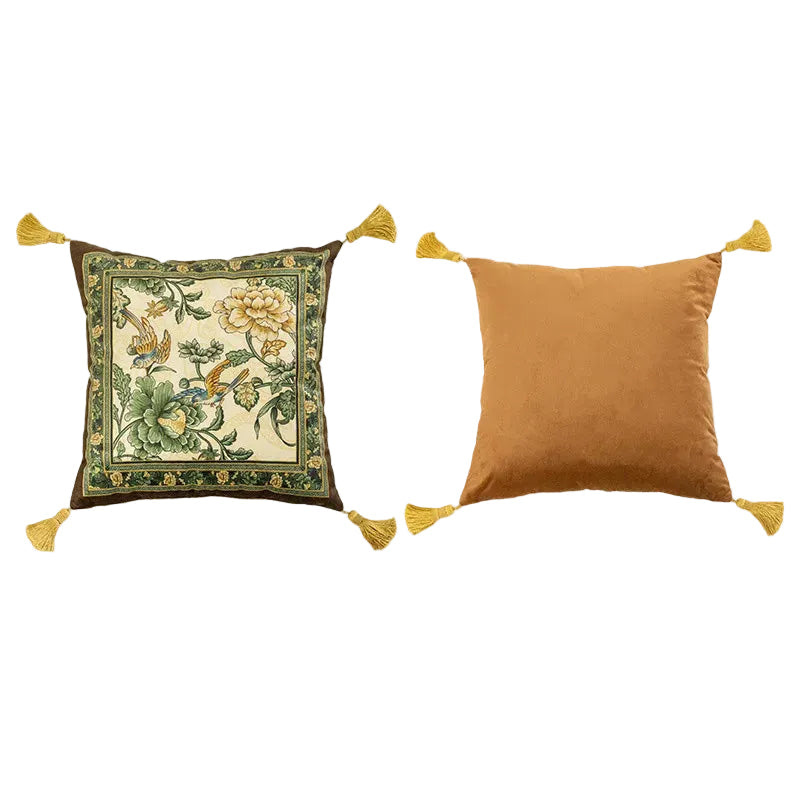 "Jade Peony" chinoiserie velvet square cushion cover front and back view, ivory ground with green peonies and exotic birds, dark green botanical border, caramel velvet reverse with gold corner tassels — CL House Cushions collection