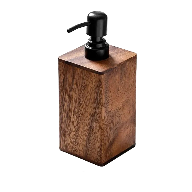 all rectangular acacia wood soap dispenser with matte black pump, warm walnut finish, 19cm height, white background