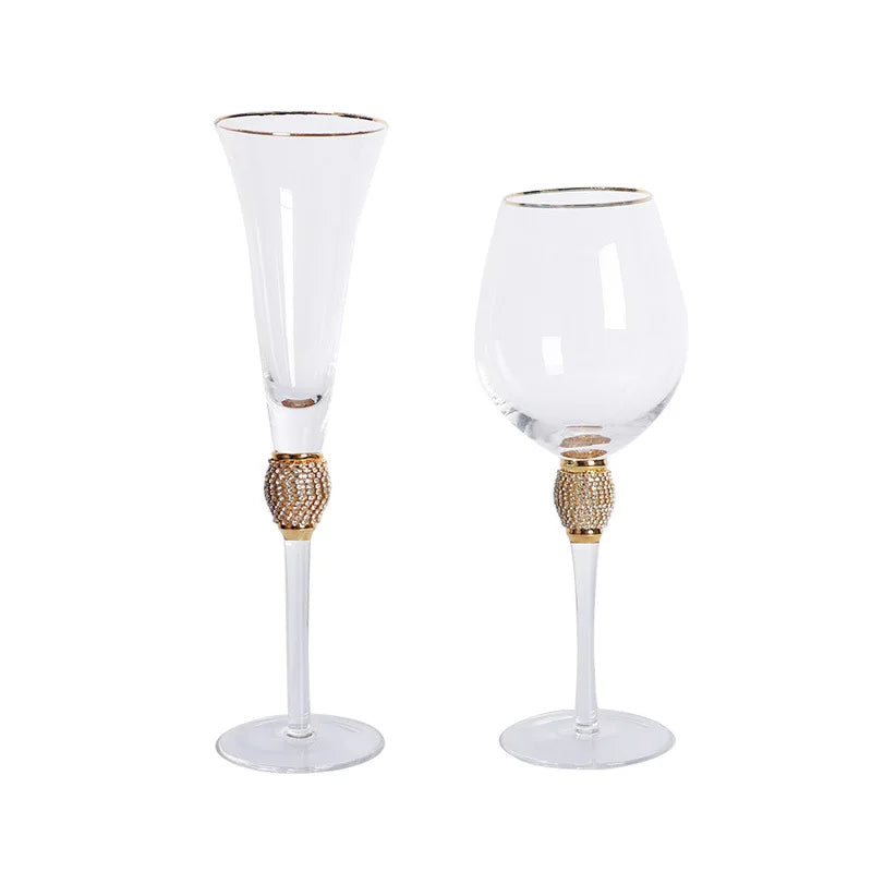 "Golden Jewel" Champagne Flute and Wine Glass with gold rim and micro-crystal bead stems, on a white background