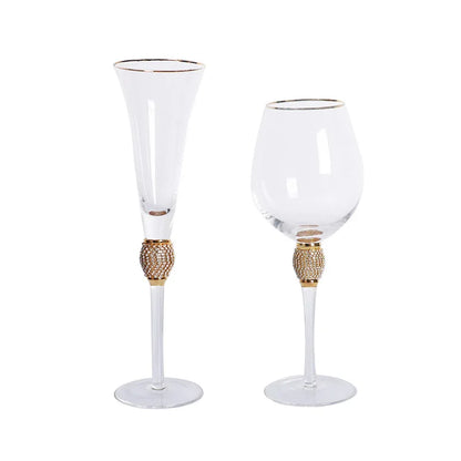 "Golden Jewel" Champagne Flute and Wine Glass with gold rim and micro-crystal bead stems, on a white background