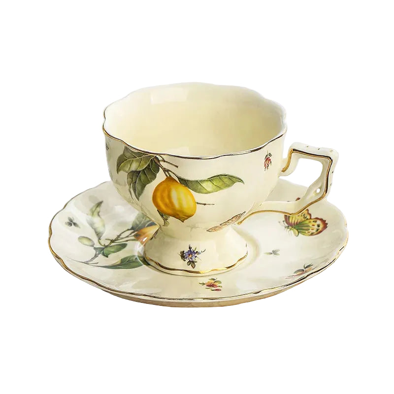 "Cream porcelain teacup and saucer with lemon botanical print pattern A and gold trim, 240ml — CL House Tea Time"