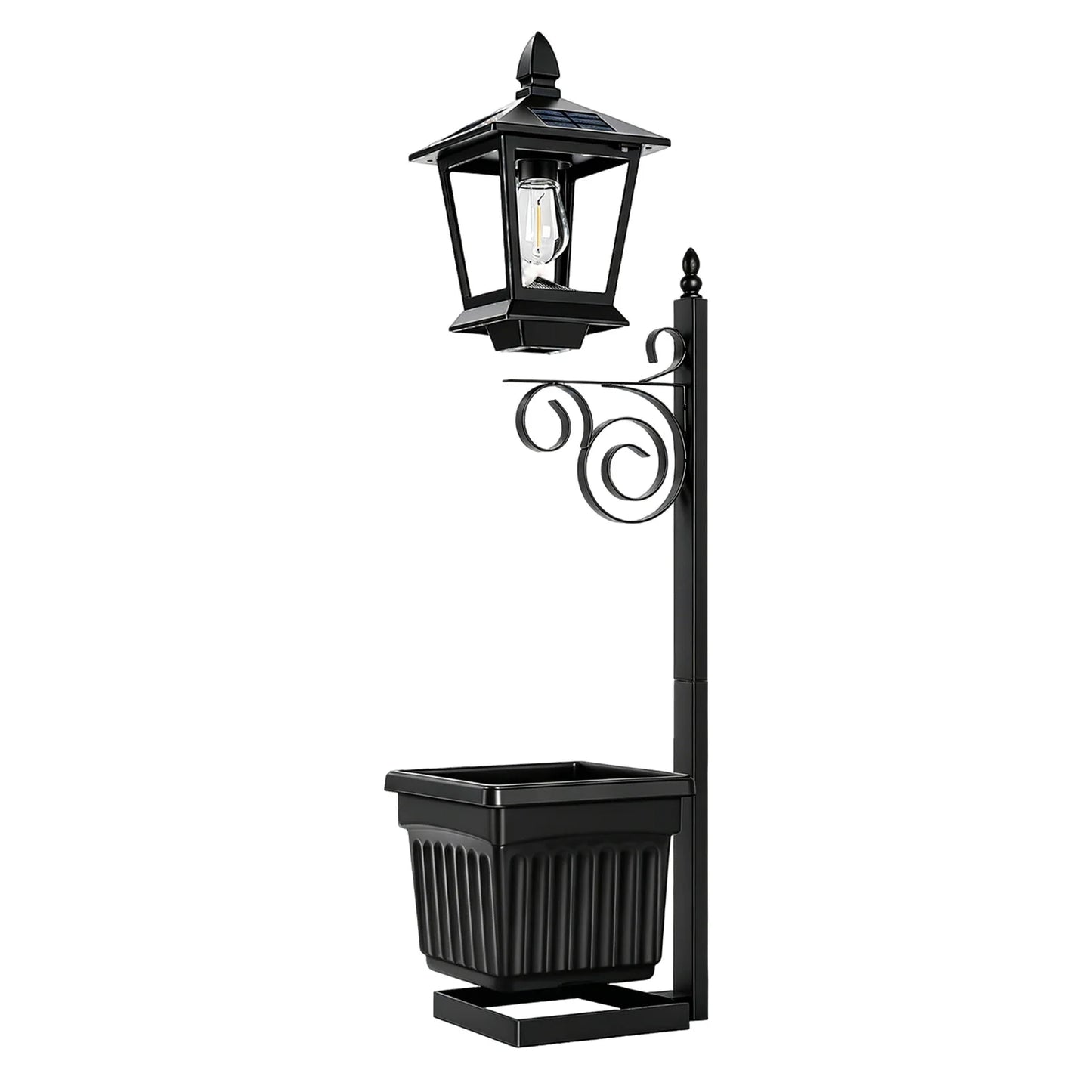 Solar garden post lantern in matte black with ornate scrollwork bracket and integrated square planter box — front view on white background