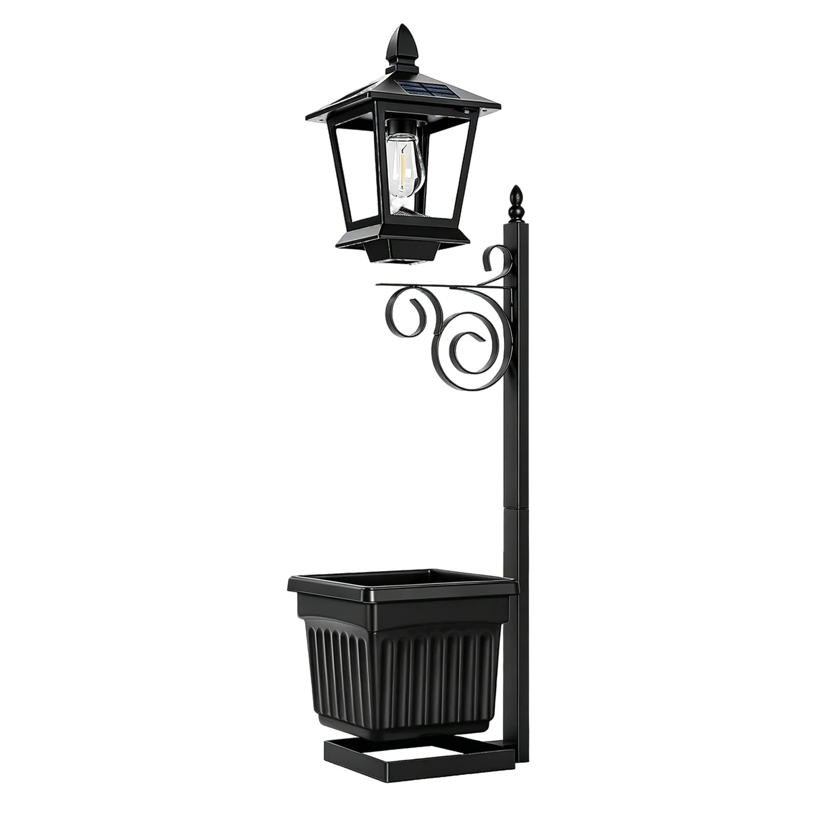 Solar garden post lantern in matte black with ornate scrollwork bracket and integrated square planter box — front view on white background