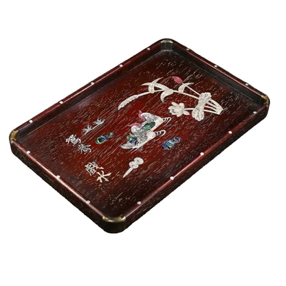 "Serene Union" solid rosewood tea tray with hand-carved iridescent shell inlay, mandarin duck motif, 36cm — CL House Tea Time