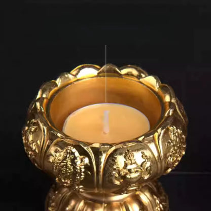 Eternal Glow Eight Auspicious Lotus Lamp – front view, dark copper lotus offering bowl with eight auspicious Buddhist symbols and dharma wheel engraving | CL House
