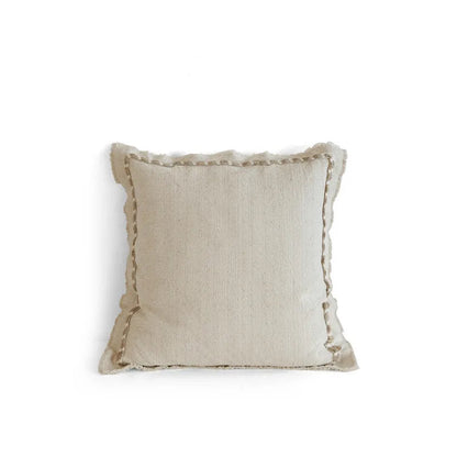 Natural linen square cushion cover with subtle textured weave and fringe edge detail, photographed on a white background — ramie-linen blend, 50x50cm, minimalist wabi-sabi home decor.