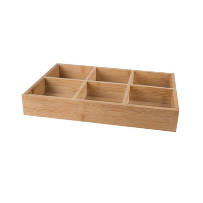  Natural bamboo rectangular tray with six compartments of varying sizes, white background — 6 Sections variant of the Bamboo Grid Serving & Organiser Tray by CL House