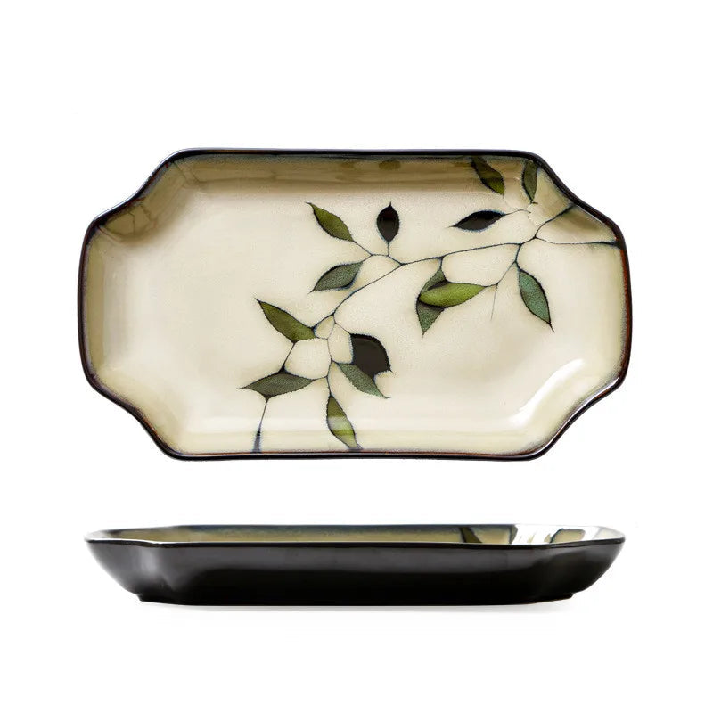 "Painted Leaf" ceramic rectangular serving tray viewed from above and side profile, hand-painted leaf motif in ivory and espresso glaze, 27.7cm, white background
