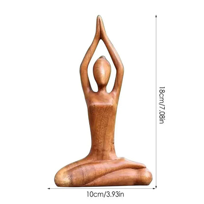 Still Forms Ascend — abstract wooden yoga figure with arms raised overhead, natural wood sculpture, 18cm tall