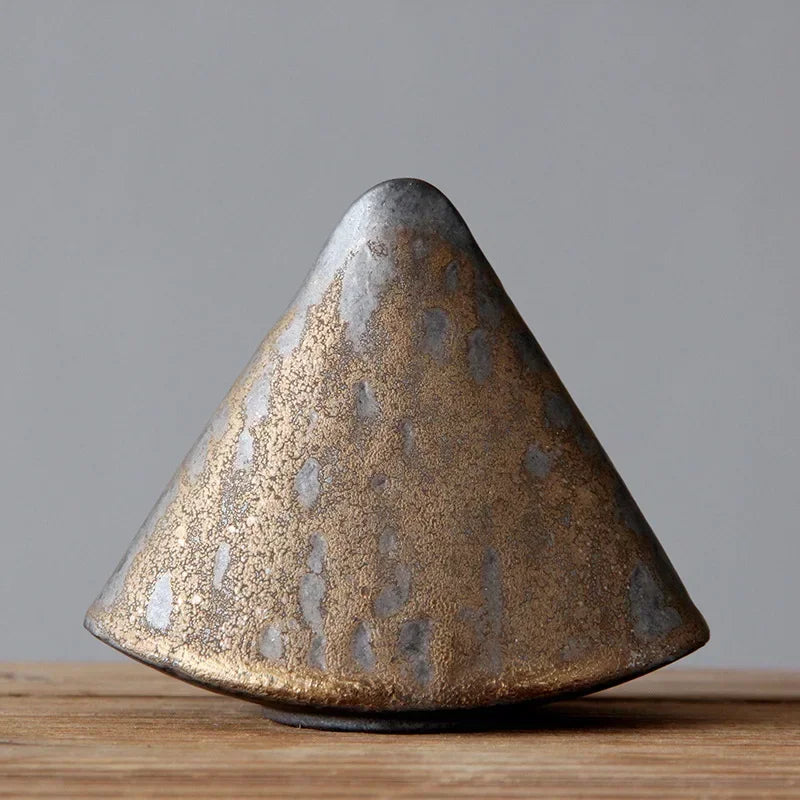 "Silent Mountain" Stoneware Vase — full set of three ceramic forms in volcanic bronze glaze with dried flowers and green stems, wabi-sabi ikebana decor