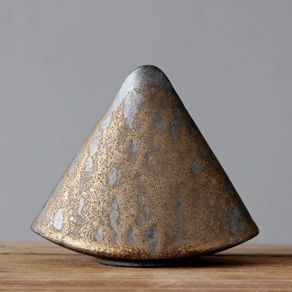 "Silent Mountain" Stoneware Vase — full set of three ceramic forms in volcanic bronze glaze with dried flowers and green stems, wabi-sabi ikebana decor
