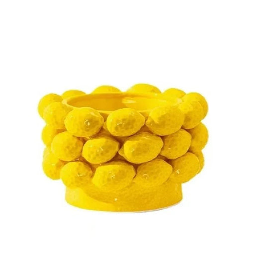 Yellow ceramic bowl vase with three rows of three-dimensional lemon relief detailing and sunshine yellow glaze, on white background, Large Bowl variant of the Lemon Grove collection