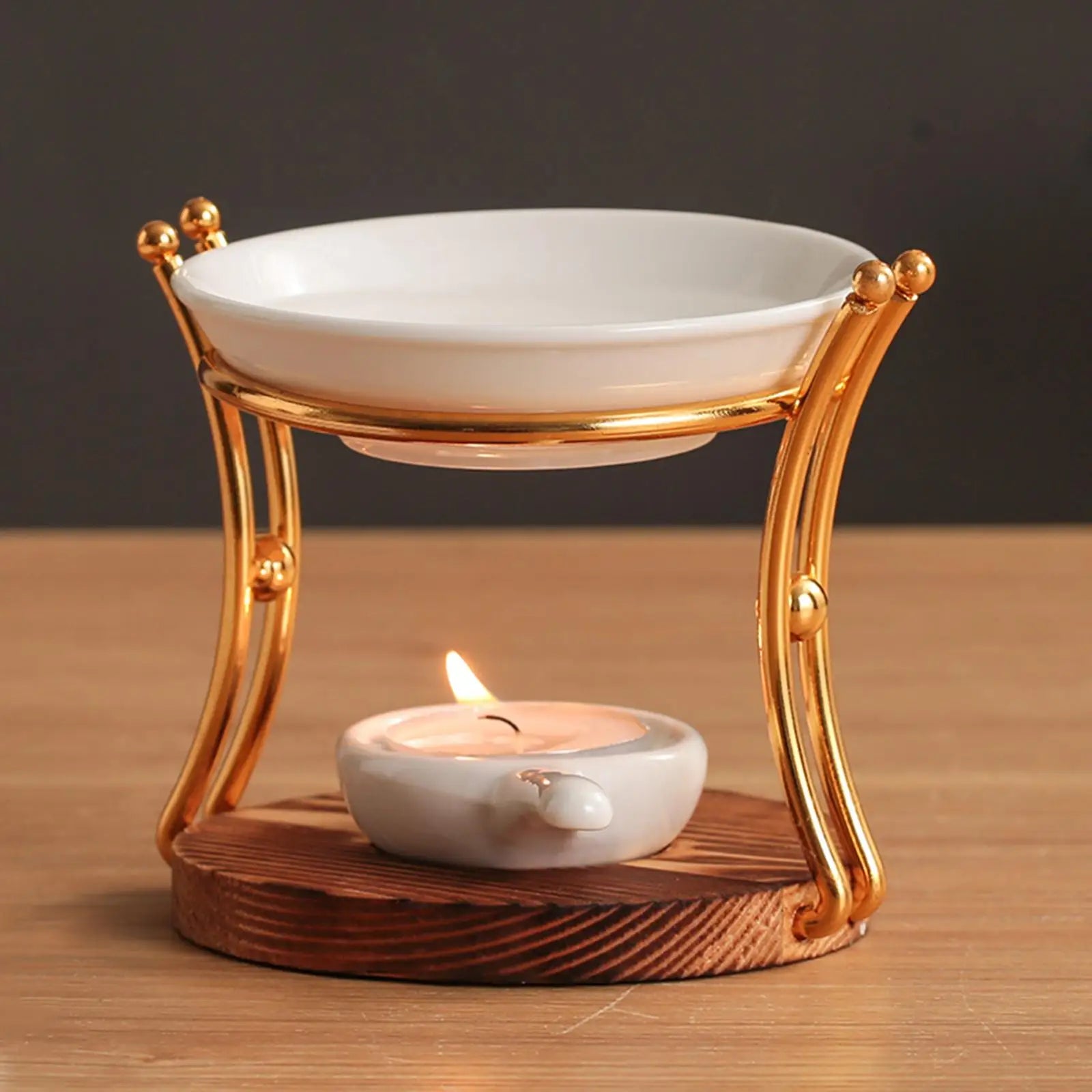 "Golden Arch" Ceramic Oil Burner – gold arch frame, white ceramic dish and wood base | CL House