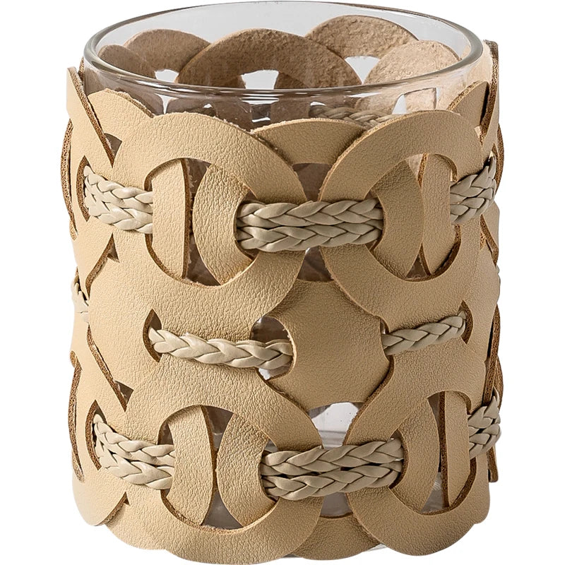 Cognac Weave woven leather and glass bathroom organiser, front view on white background showing interlocking ring pattern and braided cord detail