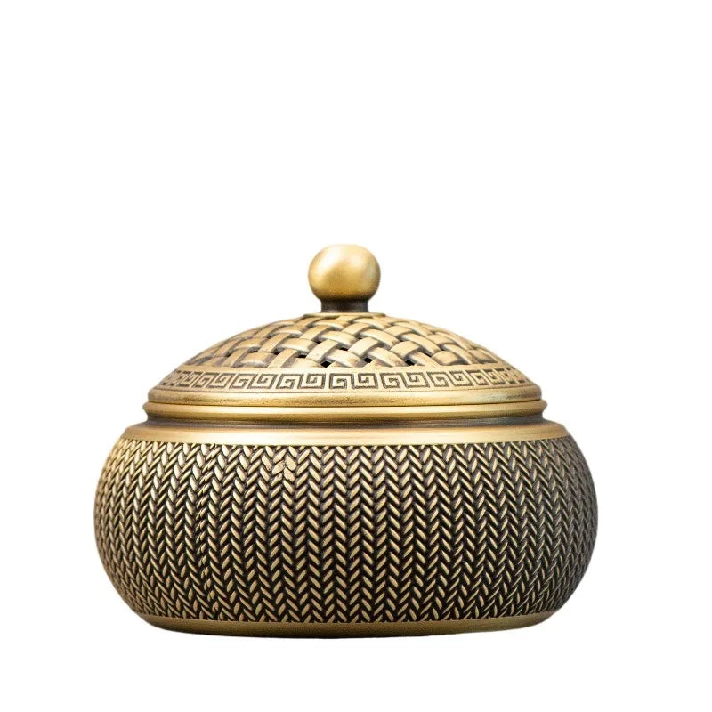  Woven brass incense burner — Chinese lattice pattern and polished gold knob — CL House