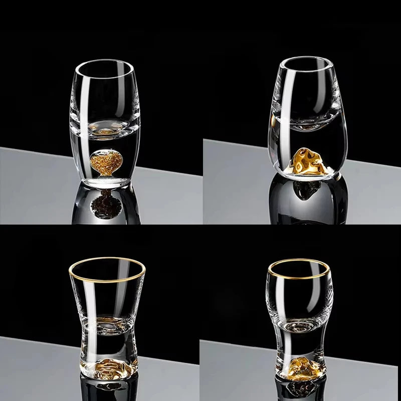 "Gold Sculpture" crystal shot glasses in all four variants — Waist, Summit, Globe and Fortune — together — CL House Drinkware collection