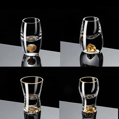 "Gold Sculpture" crystal shot glasses in all four variants — Waist, Summit, Globe and Fortune — together — CL House Drinkware collection