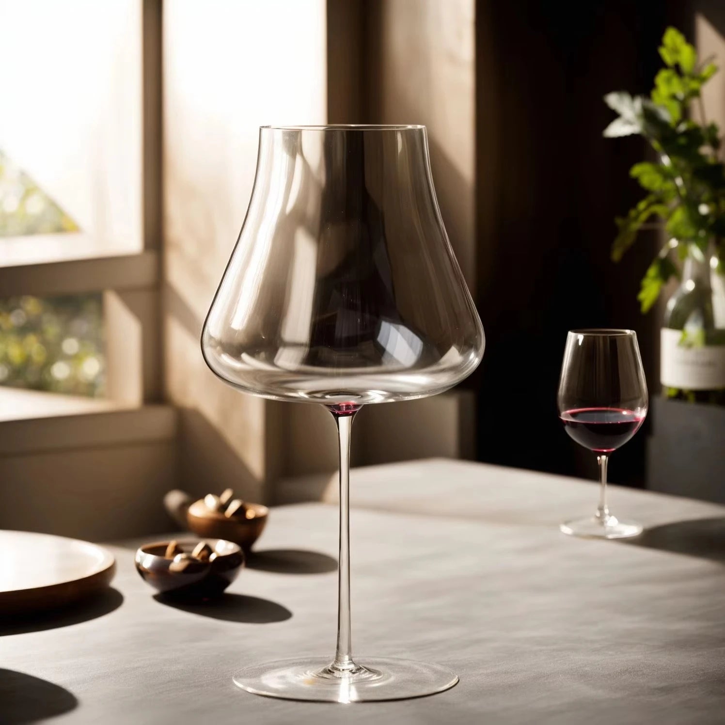  "Sommelier" wide bowl crystal wine glass placed on a table, elegant long stem and generous 700ml bowl — CL House Drinkware collection