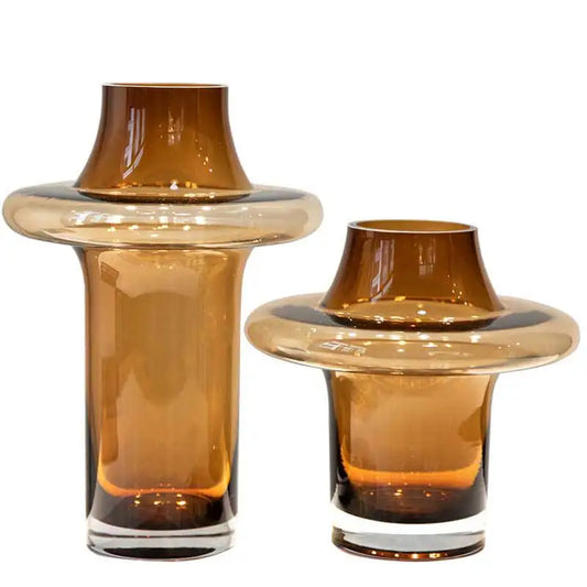"Amber Disc" Sculptural Glass Vase — Small and Large side by side in warm amber tinted glass, sculptural wabi-sabi home decor