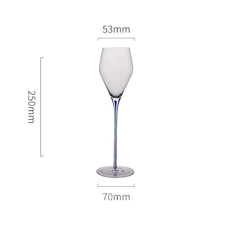 "Ink Line" geometric crystal wine glass with blue stem on white background showing dimensions 53 × 70mm, 250ml capacity — CL House Drinkware collection