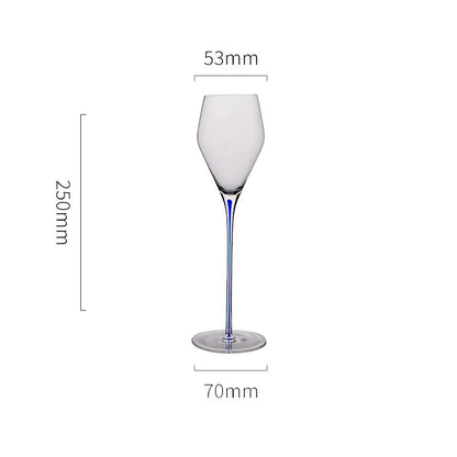 "Ink Line" geometric crystal wine glass with blue stem on white background showing dimensions 53 × 70mm, 250ml capacity — CL House Drinkware collection