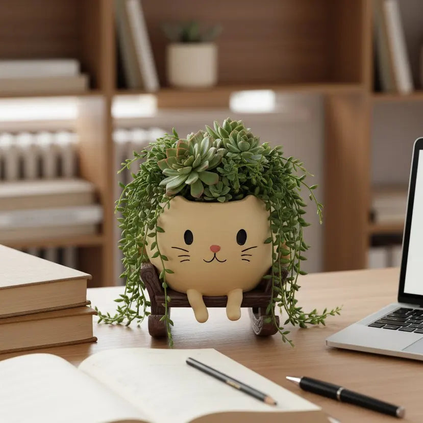 Cat rocking chair planter

Cute succulent pot 

Desk stress relief ornament

Resid cat flower pot

Mini planter with drainage

Whimsical office decor

Rocking chair plant holder

Gift for cat lovers

Creative tabletop statue