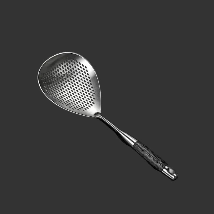  Stainless steel wok skimmer with dark wood handle, wide perforated bowl for straining pasta, dumplings and fried foods