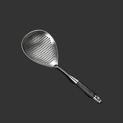  Stainless steel wok skimmer with dark wood handle, wide perforated bowl for straining pasta, dumplings and fried foods