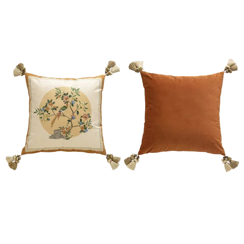  "Moon Blossom" chinoiserie velvet square cushion cover front and back view, ivory ground with circular bird and blossom motif, golden border, caramel velvet reverse with corner tassels — CL House Cushions collection