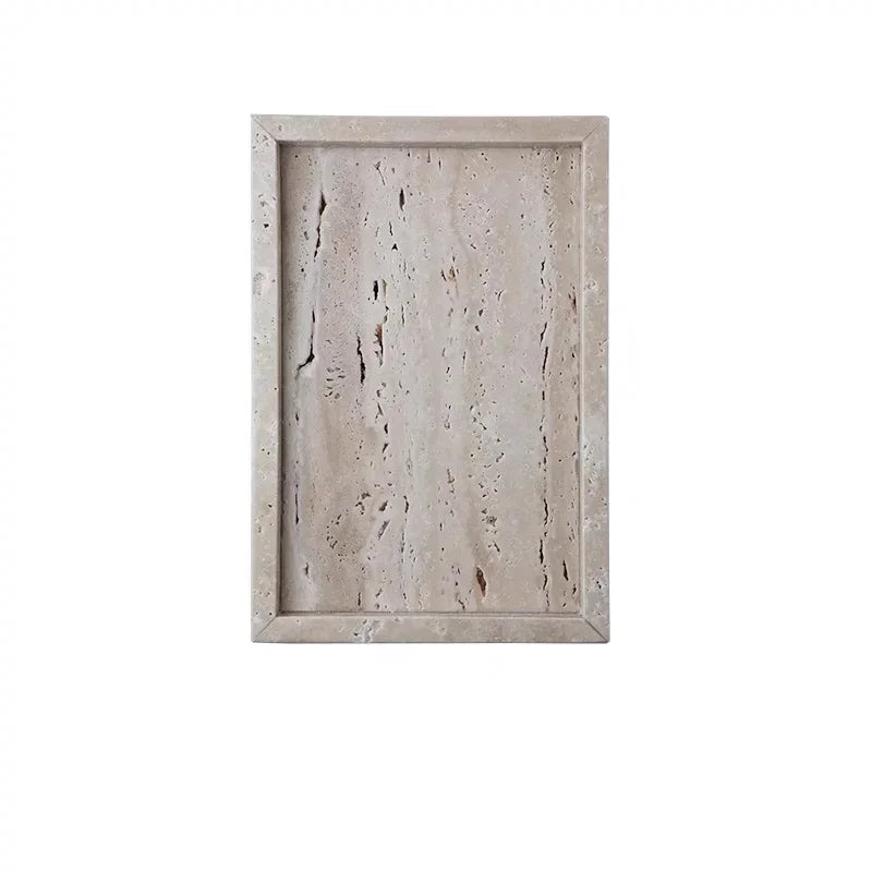 Natural travertine large rectangular bathroom tray, warm beige stone texture with fossil veining, 20 × 30 cm — wabi-sabi vanity organiser