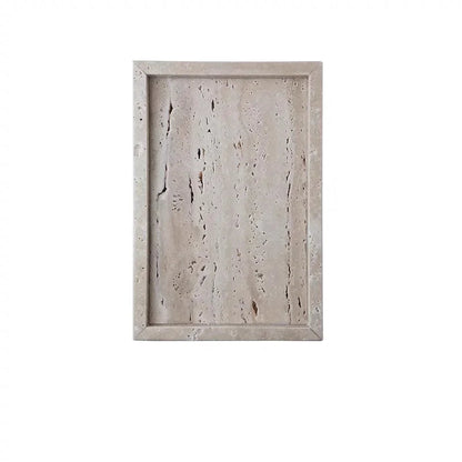 Natural travertine large rectangular bathroom tray, warm beige stone texture with fossil veining, 20 × 30 cm — wabi-sabi vanity organiser