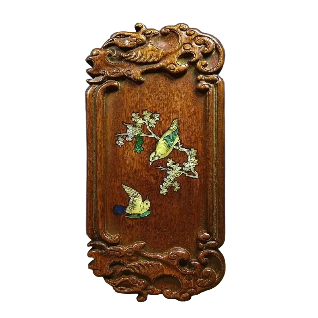 "Heritage Orchard" solid rosewood tea tray with hand-placed colourful shell inlay, bird and floral motif, 25x12cm — CL House Tea Time