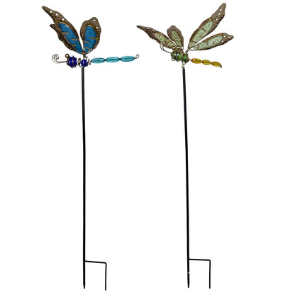 "Garden Wings" set of 2 luminous metal dragonfly garden stakes with filigree wings and glass bead bodies in blue-copper and green-gold tones, white background