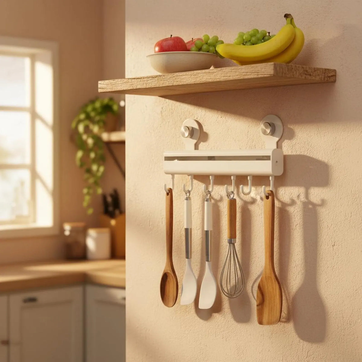 Cream adhesive wall-mounted kitchen hook rail with sliding hooks holding wooden spoons, white spatulas and a whisk below a rustic wooden shelf with fruit bowl in a warm kitchen, CL House & Home