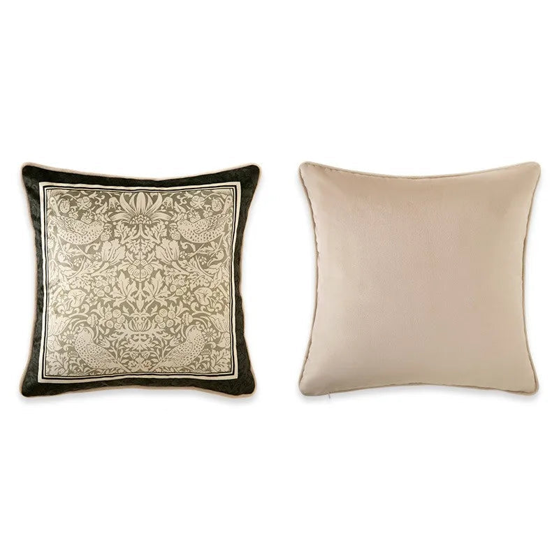 "Morris Garden" jacquard velvet cushion cover — dark forest green border with botanical birds and floral jacquard panel, solid beige reverse, 45×45cm — CL House