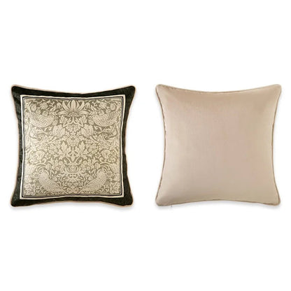 "Morris Garden" jacquard velvet cushion cover — dark forest green border with botanical birds and floral jacquard panel, solid beige reverse, 45×45cm — CL House