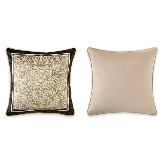 "Morris Garden" jacquard velvet cushion cover — dark forest green border with botanical birds and floral jacquard panel, solid beige reverse, 45×45cm — CL House