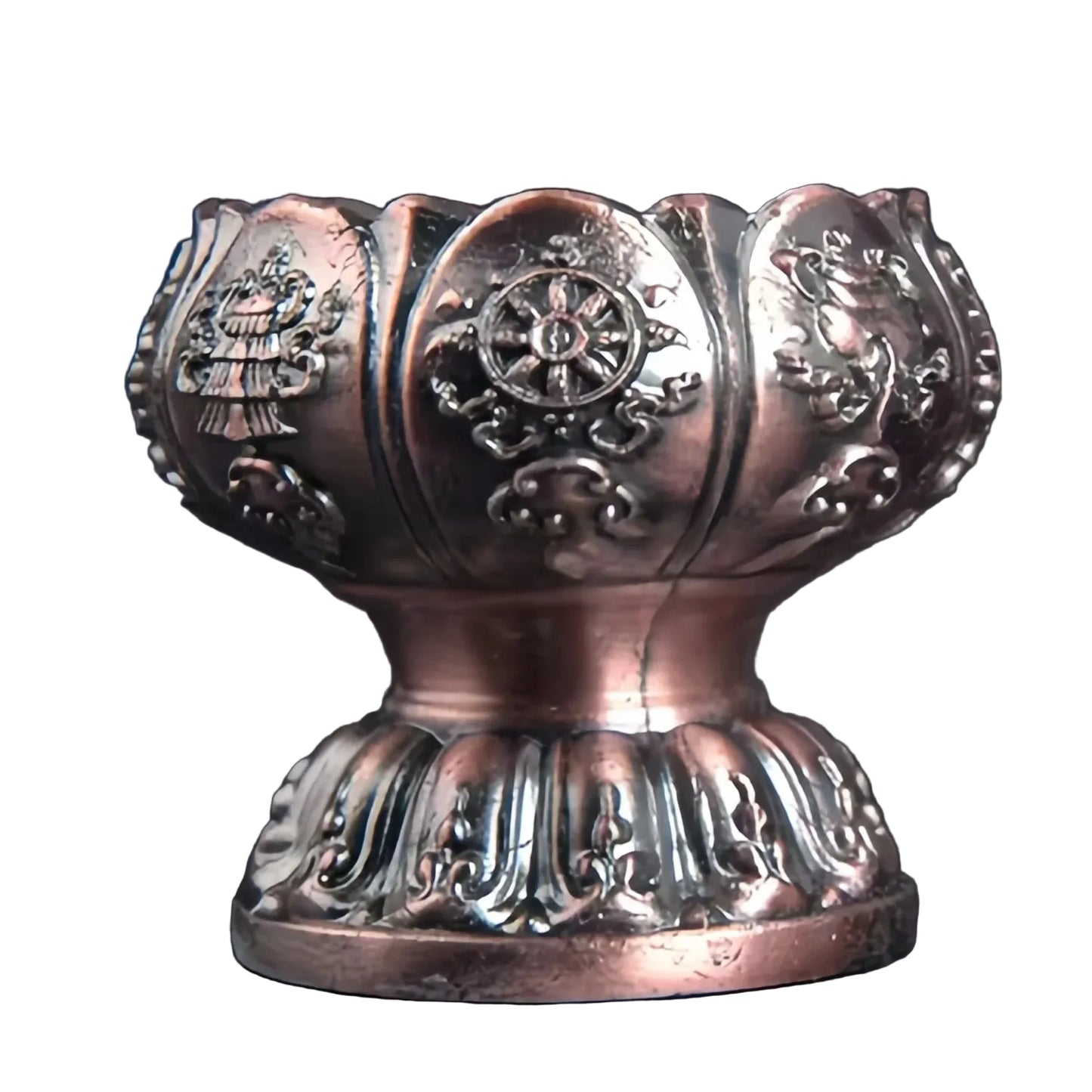 Eternal Glow Eight Auspicious Lotus Lamp – front view, dark copper lotus offering bowl with eight auspicious Buddhist symbols and dharma wheel engraving | CL House