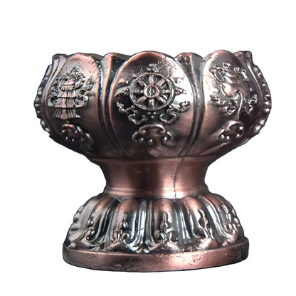 Eternal Glow Eight Auspicious Lotus Lamp – front view, dark copper lotus offering bowl with eight auspicious Buddhist symbols and dharma wheel engraving | CL House