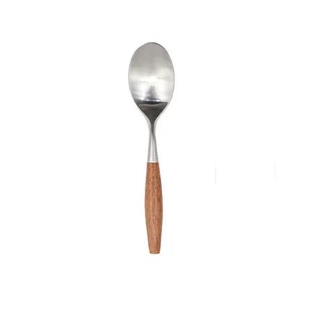 magem 1: Matte stainless steel dinner spoon with natural wood handle, 188.4mm length, white background