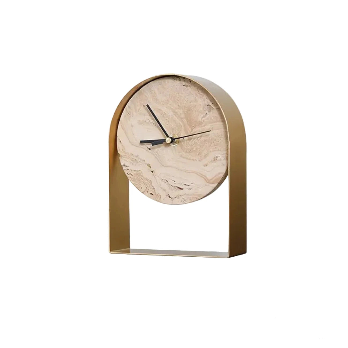 Gold metal arched table clock with a veined travertine stone dial and black hands, shown with dimensions of 15 cm wide, 5 cm deep and 20 cm tall
