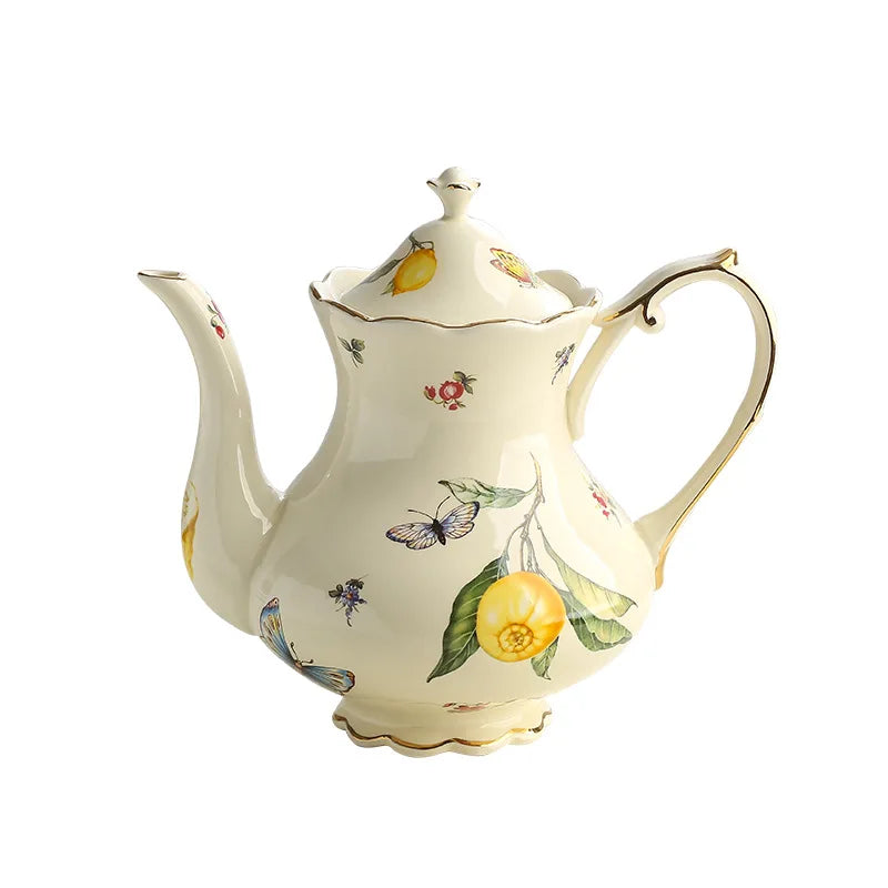 "Cream porcelain teapot with lemon botanical print, butterflies and gold trim, Victorian silhouette — CL House Tea Time"