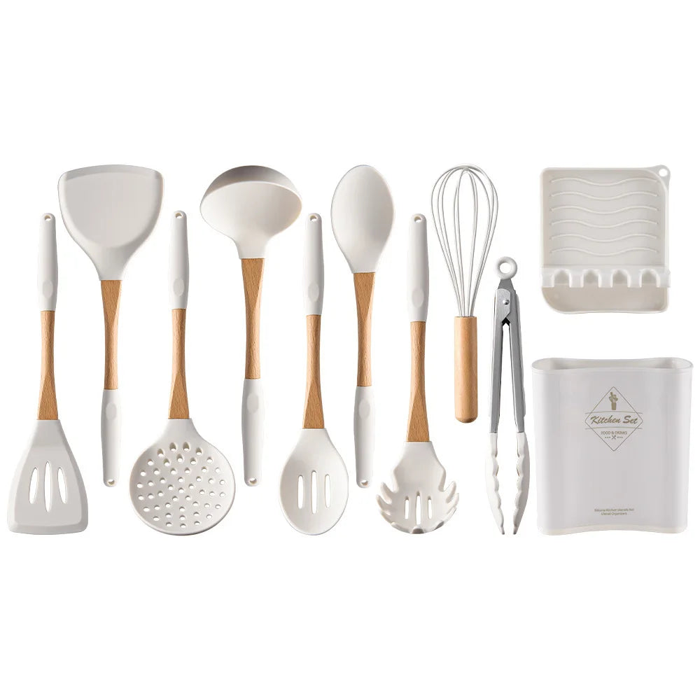 Complete 11-piece white silicone kitchen utensils set with bamboo handles, tongs, whisk, spoon rest and storage holder on white background, CL House & Home