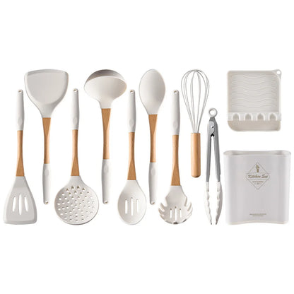 Complete 11-piece white silicone kitchen utensils set with bamboo handles, tongs, whisk, spoon rest and storage holder on white background, CL House & Home