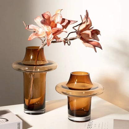 "Amber Disc" Sculptural Glass Vase — Small and Large side by side in warm amber tinted glass, sculptural wabi-sabi home decor