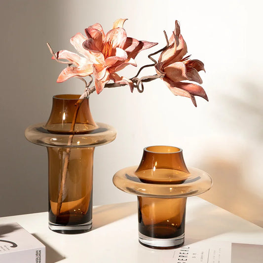 "Amber Disc" Sculptural Glass Vase — Small and Large side by side in warm amber tinted glass, sculptural wabi-sabi home decor