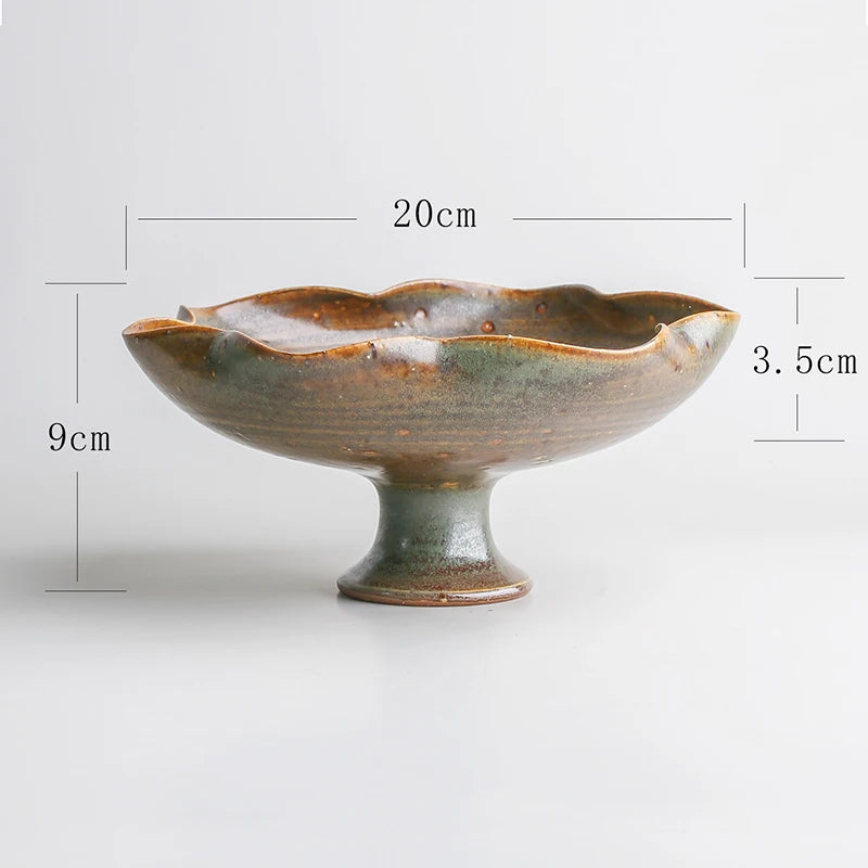 "Ember Clay wabi-sabi ceramic bowl with scalloped lotus rim, 20 × 9 cm pedestal base"